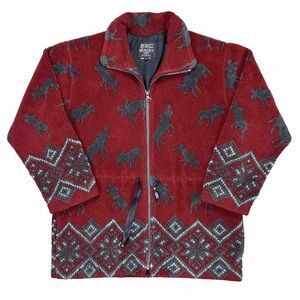 Vintage Muskoka Lakes Moose Fleece Jacket Sweater Full Zip Red Cinch Women’s Med